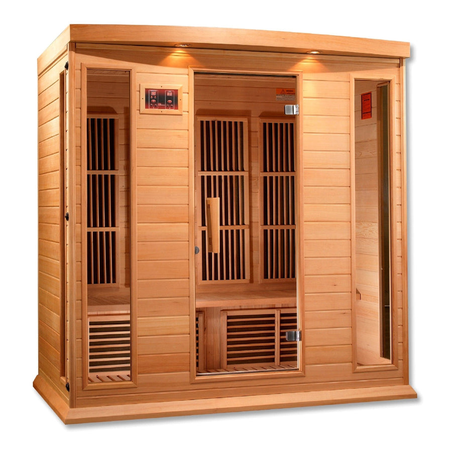 Maxxus 4 Person Low EMF FAR Infrared Sauna made of Canadian Hemlock with glass doors, interior color therapy lighting, and Bluetooth capability.