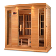 Maxxus 4 Person Low EMF FAR Infrared Sauna with Canadian Hemlock wood, glass doors, and Chromotherapy Lighting.