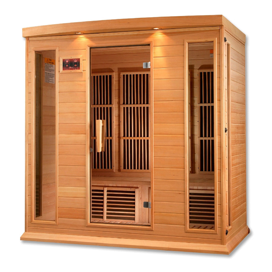 Maxxus 4 Person Low EMF FAR Infrared Sauna with Canadian Hemlock wood, glass doors, and Chromotherapy Lighting.
