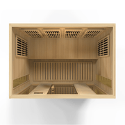 Maxxus 4 Person Low EMF FAR Infrared Sauna made of Canadian Hemlock with tempered glass door, side windows, and interior Chromotherapy lighting.