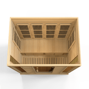 Maxxus 4 Person Low EMF FAR Infrared Sauna Canadian Hemlock featuring hemlock wood, tempered glass windows, interior color therapy lighting, and Bluetooth connectivity.