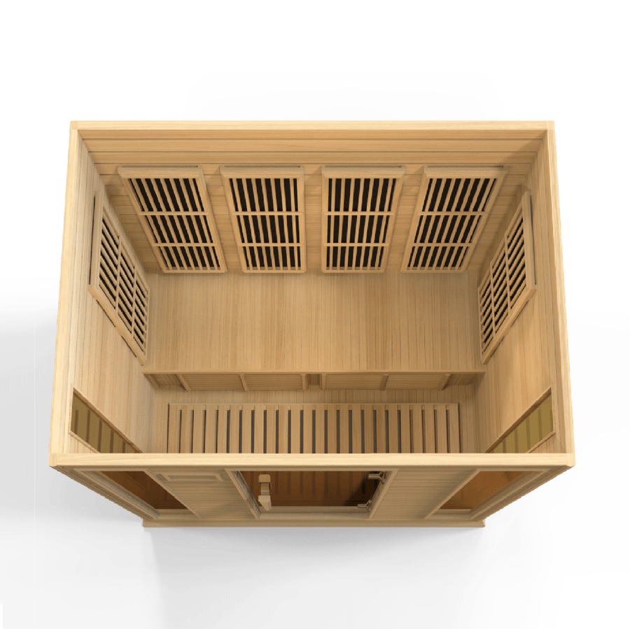 Maxxus 4 Person Low EMF FAR Infrared Sauna Canadian Hemlock featuring hemlock wood, tempered glass windows, interior color therapy lighting, and Bluetooth connectivity.