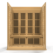 Maxxus 4 Person Low EMF FAR Infrared Sauna made from Canadian Hemlock wood, featuring large windows, roof vent, and interior chromotherapy lighting.