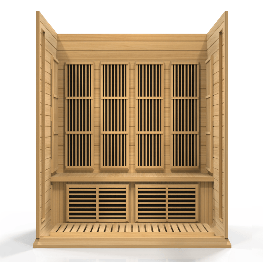 Maxxus 4 Person Low EMF FAR Infrared Sauna made from Canadian Hemlock wood, featuring large windows, roof vent, and interior chromotherapy lighting.