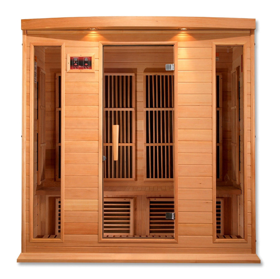 Maxxus 4 Person Low EMF FAR Infrared Sauna Canadian Hemlock with glass doors, full-length windows, and interior color therapy lighting.