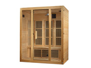 Maxxus Bellevue 3-person Low EMF FAR Infrared Sauna with glass doors, Canadian Hemlock wood construction, and interior reading lights.
