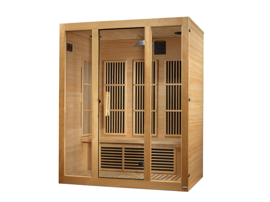 Maxxus Bellevue 3-person Low EMF FAR Infrared Sauna with glass doors, Canadian Hemlock wood construction, and interior reading lights.