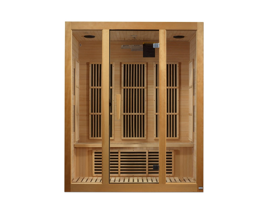 Maxxus Bellevue 3 person Low EMF FAR Infrared Sauna with glass doors, Canadian Hemlock, interior reading light, and MP3 Aux connectivity.