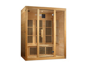 Maxxus Bellevue 3 person Low EMF FAR Infrared Sauna with glass doors, Canadian hemlock wood, and interior reading lights.