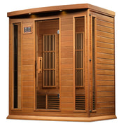 Maxxus Chaumont Edition 4 Person Near Zero EMF FAR Infrared Sauna - Canadian Red Cedar, featuring glass doors and side windows.