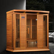 Maxxus Chaumont Edition 4 Person Near Zero EMF FAR Infrared Sauna with Canadian Red Cedar, glass doors, and interior lighting.