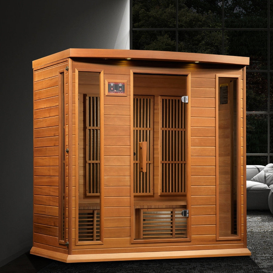 Maxxus Chaumont Edition 4 Person Near Zero EMF FAR Infrared Sauna with Canadian Red Cedar, glass doors, and interior lighting.