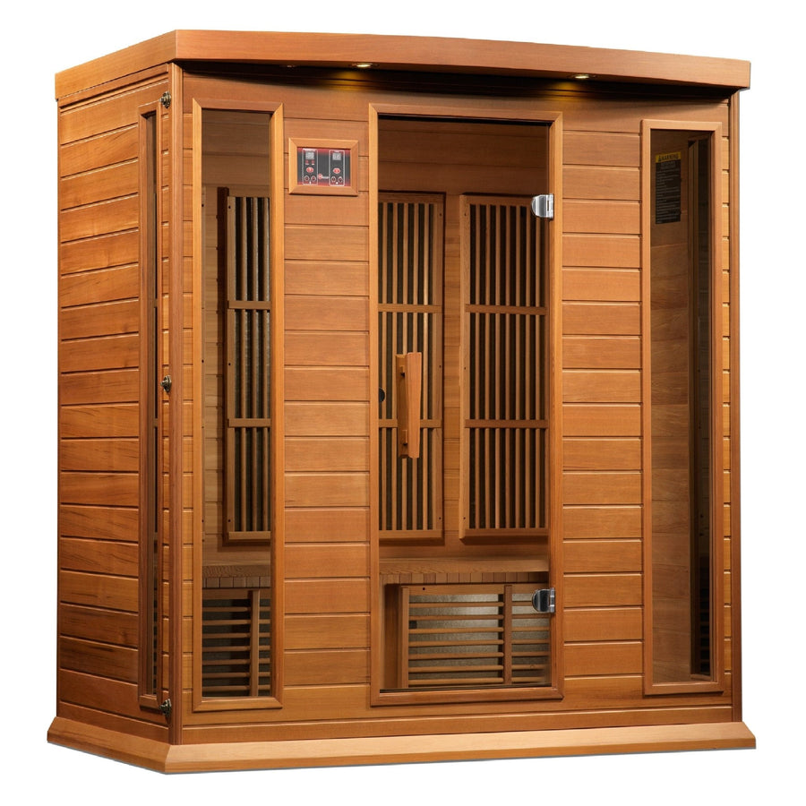 Maxxus Chaumont Edition 4 Person Near Zero EMF FAR Infrared Sauna with glass doors, Canadian Red Cedar wood, and interior color therapy lighting.