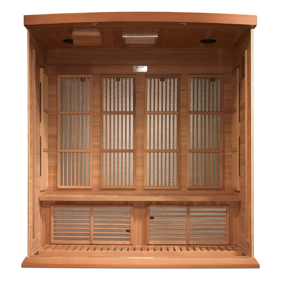Maxxus Chaumont Edition 4 Person Near Zero EMF FAR Infrared Sauna - Canadian Red Cedar, showing exterior with tempered glass door and full-length side windows.