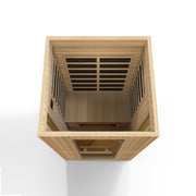 Maxxus Serenity Dual Tech 2 person Low EMF FAR Infrared Sauna made from Canadian Hemlock, featuring a tempered glass door and side windows.