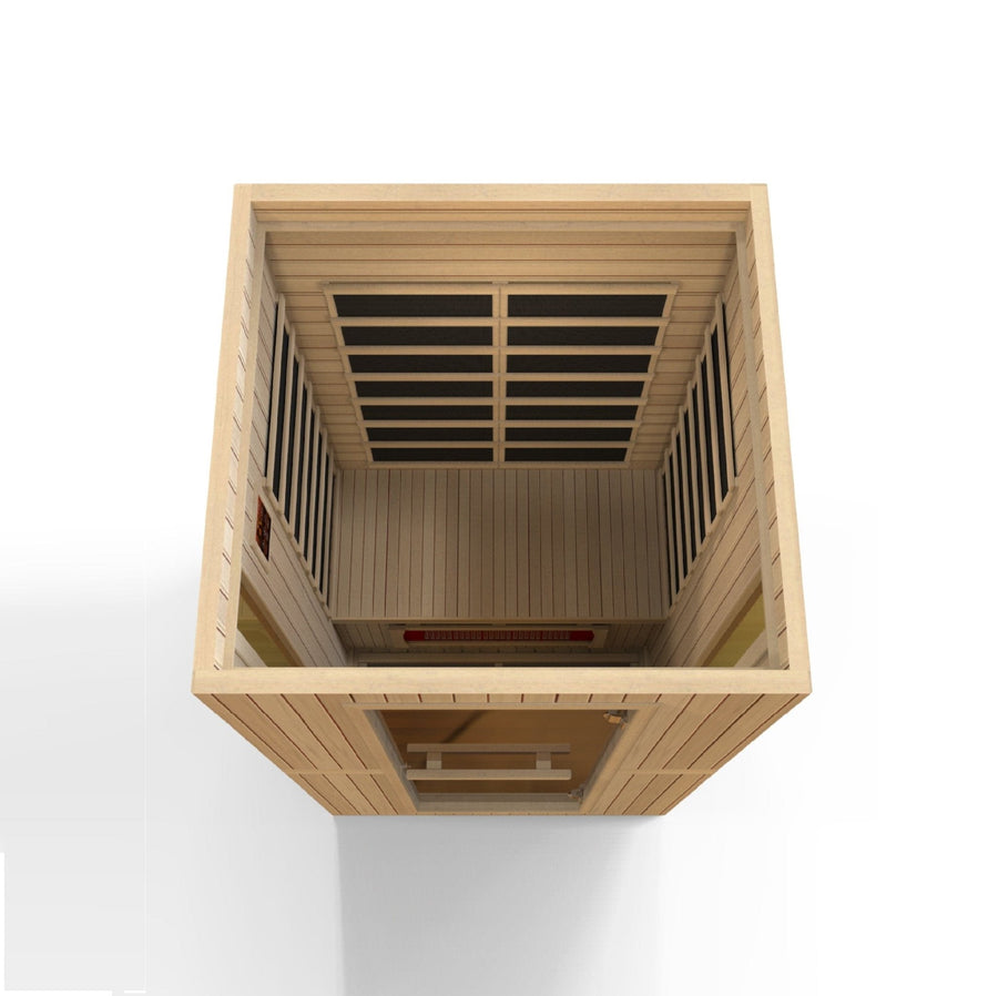 Maxxus Serenity Dual Tech 2 person Low EMF FAR Infrared Sauna made from Canadian Hemlock, featuring a tempered glass door and side windows.
