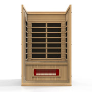 Maxxus Serenity Dual Tech 2 person Low EMF FAR Infrared Sauna in Canadian Hemlock, featuring wooden construction, shelves, and a red vent.