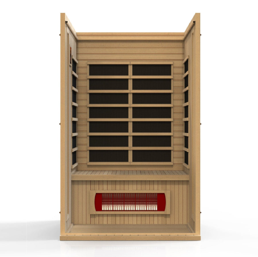 Maxxus Serenity Dual Tech 2 person Low EMF FAR Infrared Sauna in Canadian Hemlock, featuring wooden construction, shelves, and a red vent.