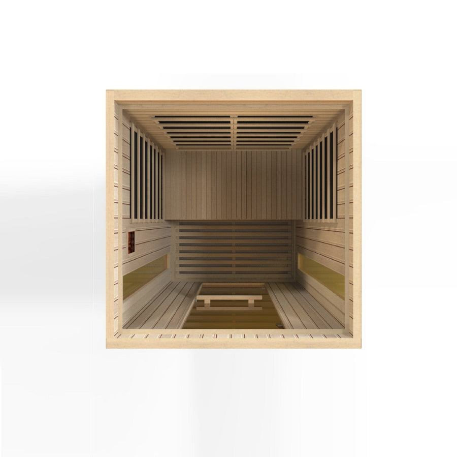 Maxxus Serenity Dual Tech 2 person Low EMF FAR Infrared Sauna made from Canadian Hemlock with bench and slatted wooden interior.