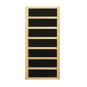 Maxxus Serenity Dual Tech 2 person Low EMF FAR Infrared Sauna in Canadian Hemlock with tempered glass door and side windows, visible shelving inside.