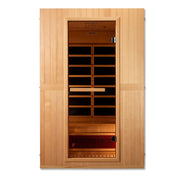 Maxxus Serenity Dual Tech 2 person Low EMF FAR Infrared Sauna Canadian Hemlock with open door, wooden interior, and vent.