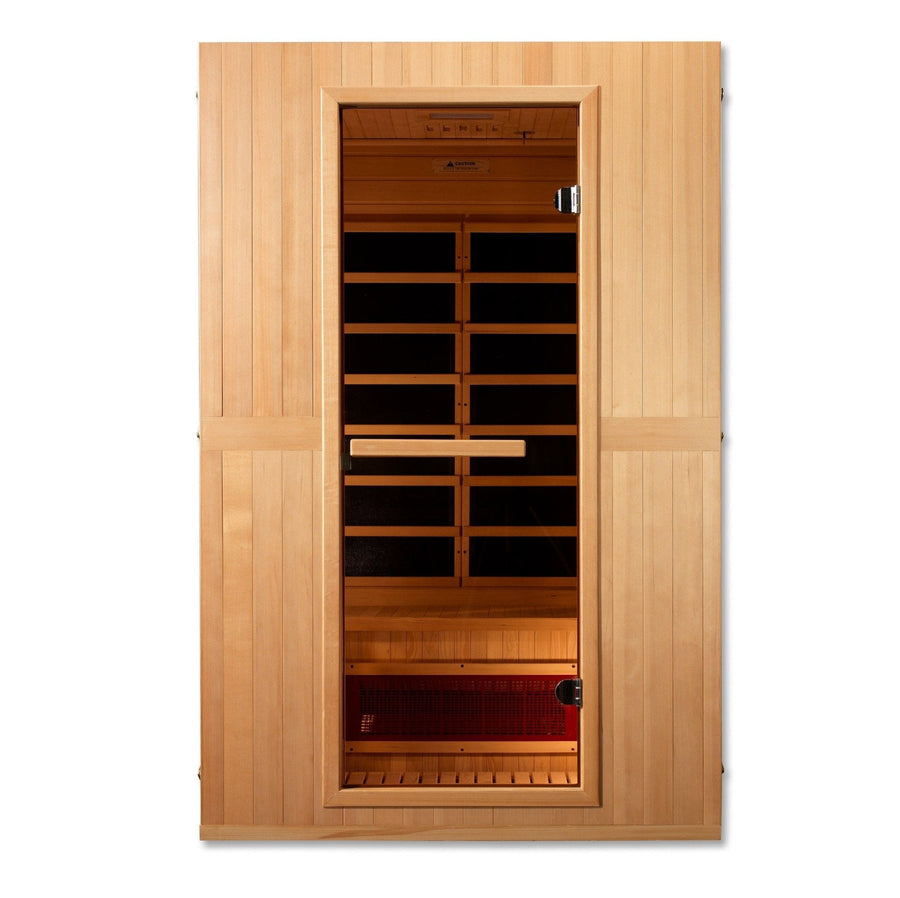 Maxxus Serenity Dual Tech 2 person Low EMF FAR Infrared Sauna Canadian Hemlock with open door, wooden interior, and vent.