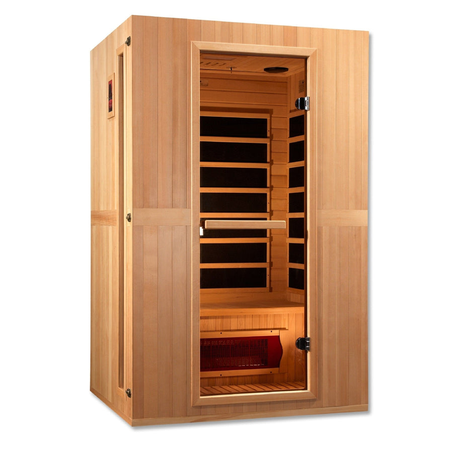 Maxxus Serenity Dual Tech 2 person Low EMF FAR Infrared Sauna with glass door, wooden shelves, and hemlock wood construction.