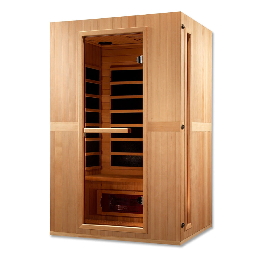Maxxus Serenity Dual Tech 2-person Low EMF FAR Infrared Sauna with glass door, Canadian Hemlock wood, and interior shelving.