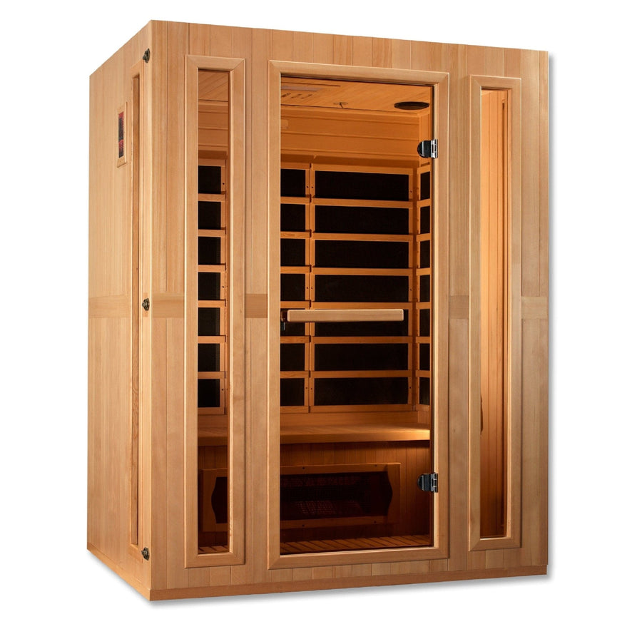 Maxxus Trinity Dual Tech 3 person Low EMF FAR Infrared Sauna with tempered glass door and Canadian Hemlock wood construction featuring interior color therapy lighting.