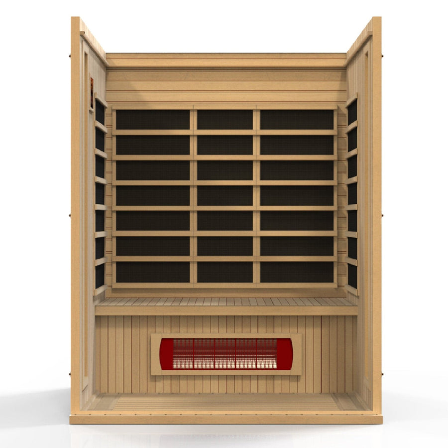 Maxxus Trinity Dual Tech 3-person Low EMF FAR Infrared Sauna with Canadian Hemlock wood, interior shelves, tempered glass door, and chromotherapy lighting.