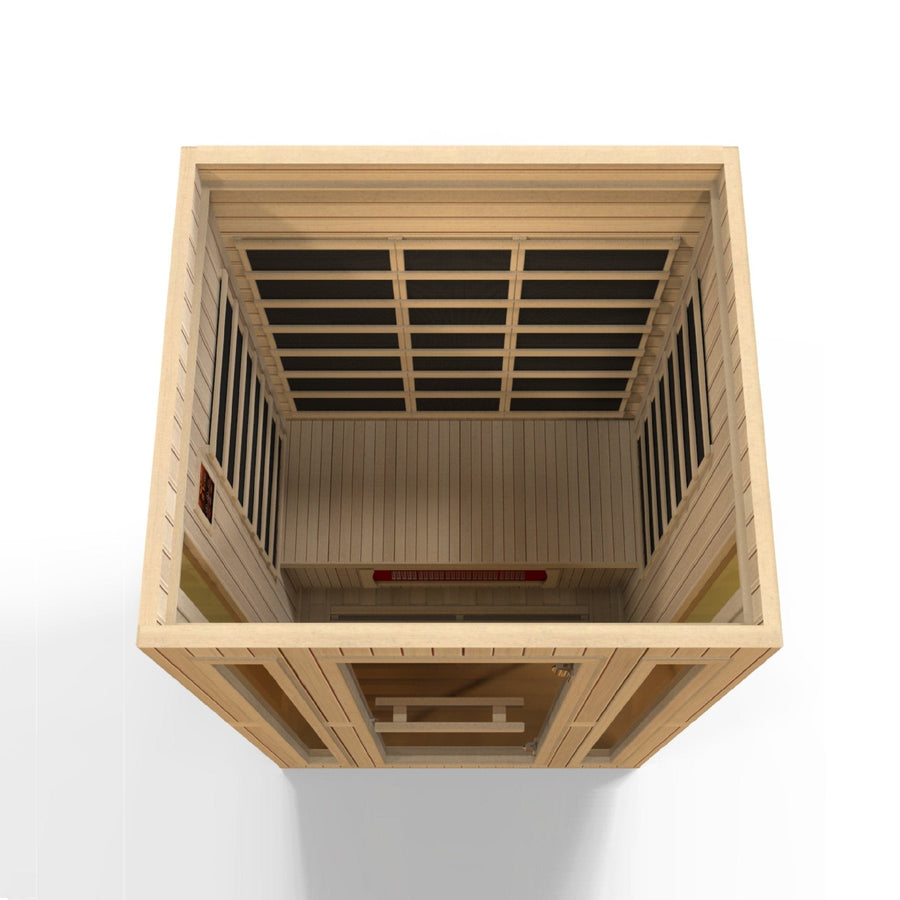 Maxxus Trinity Dual Tech 3-person Low EMF FAR Infrared Sauna made from Canadian Hemlock with windows, privacy glass, and chromotherapy lighting.