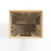 Maxxus Trinity Dual Tech 3 person Low EMF FAR Infrared Sauna made from Canadian Hemlock, featuring interior LED lighting, and tempered glass door and windows.