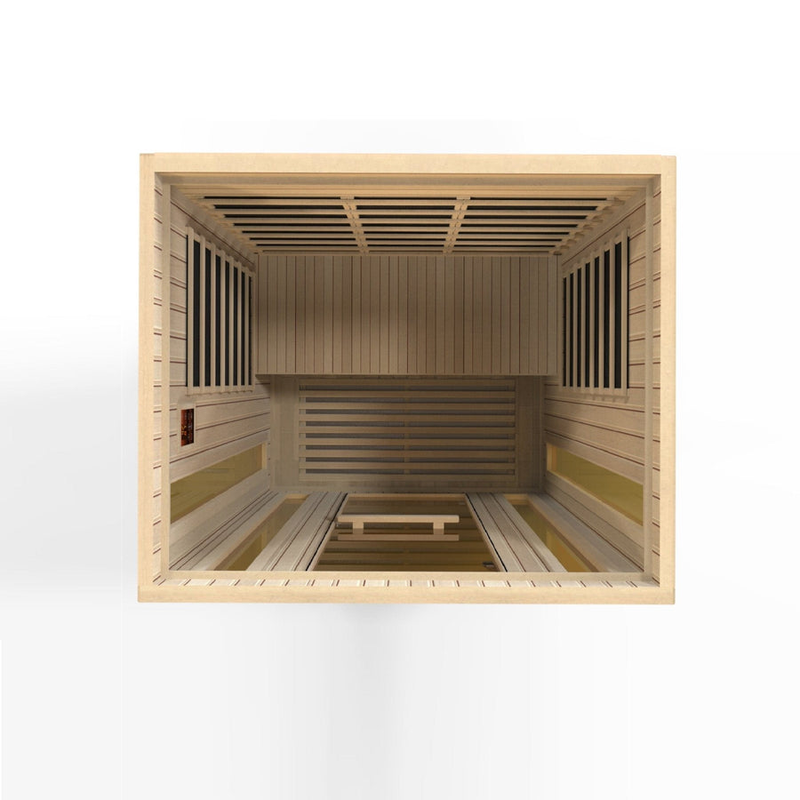 Maxxus Trinity Dual Tech 3 person Low EMF FAR Infrared Sauna made from Canadian Hemlock, featuring interior LED lighting, and tempered glass door and windows.