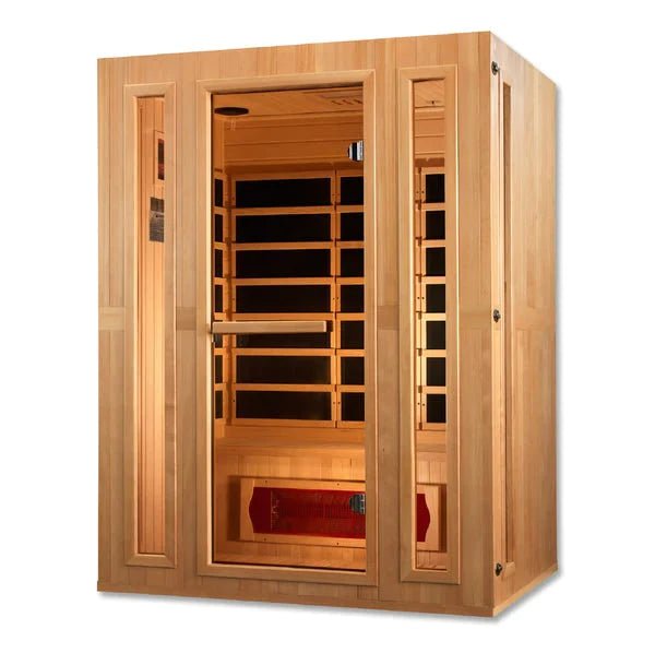Maxxus Trinity Dual Tech 3-person Low EMF FAR Infrared Sauna in Canadian Hemlock with glass doors and interior color therapy lighting.