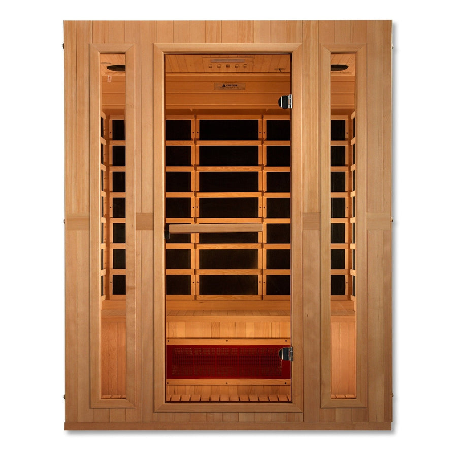 Maxxus Trinity Dual Tech 3-person Low EMF FAR Infrared Sauna made of Canadian Hemlock with glass doors and chromotherapy lighting.