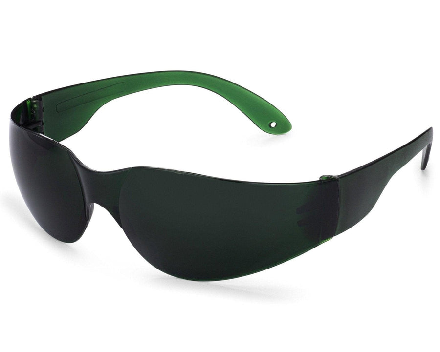 Mito Red Light | Red Light Therapy Glasses IR5 (Extra Dark) by Mito Red Light feature dark green-tinted, wraparound, single-piece molded plastic lenses and wide side arms for eye protection during red light therapy.