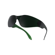 The Mito Red Light | Red Light Therapy Glasses IR5 (Extra Dark) by Mito Red Light feature modern wraparound black lenses and dark green arms, shown on a white background.