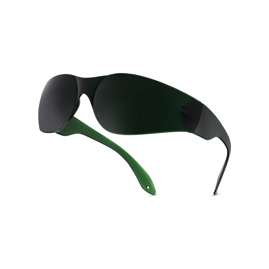 The Mito Red Light | Red Light Therapy Glasses IR5 (Extra Dark) by Mito Red Light feature modern wraparound black lenses and dark green arms, shown on a white background.