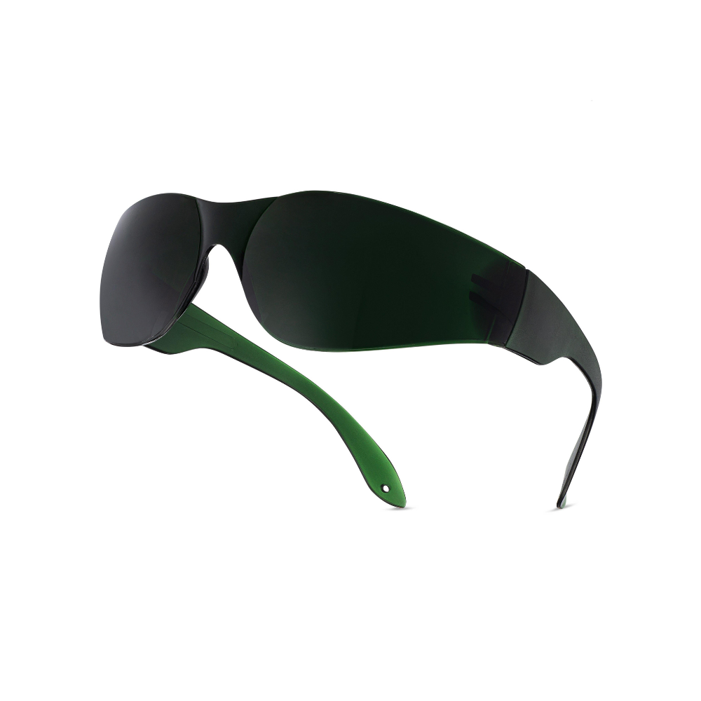 The Mito Red Light | Red Light Therapy Glasses IR5 (Extra Dark) by Mito Red Light feature large black lenses and dark green arms for eye protection, shown on a white background.