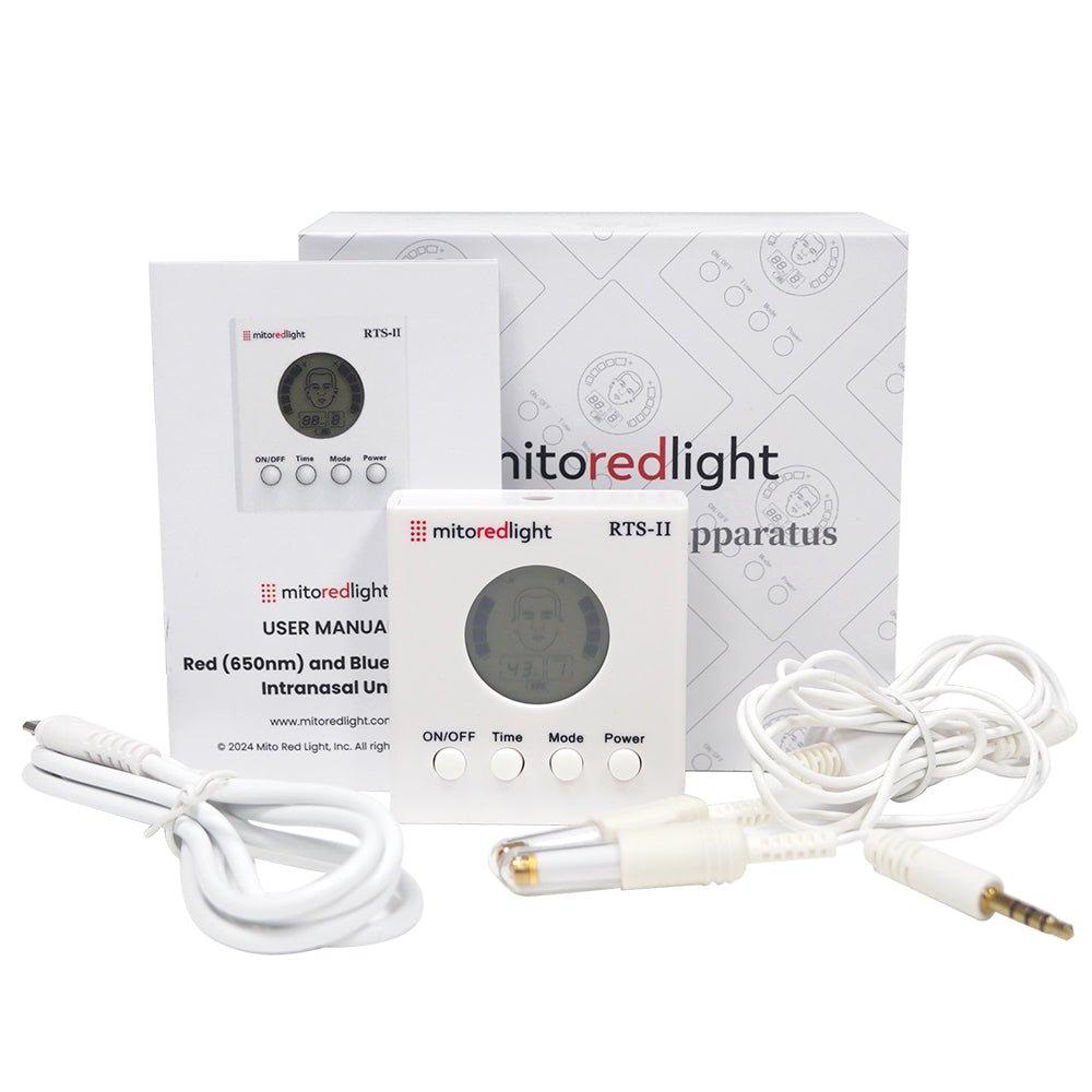 The MitoBOOST™ Intranasal Device System by Mito Red Light offers red (660nm) and blue photobiomodulation therapy for sinus, immune, and brain health; includes a digital display, control buttons, manual, cables, and branded packaging.