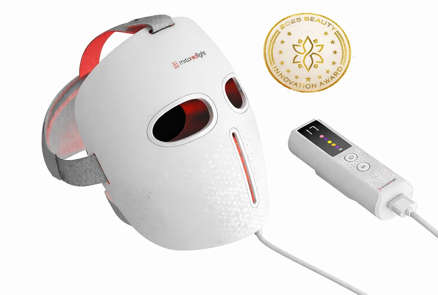 The MitoGLOW™ LED Red Light Therapy Mask by Mito Red Light features blue, yellow, red, and near-infrared LEDs, eye and mouth openings, an adjustable head strap, a remote control, and displays a 2023 Beauty Innovation Award badge—ideal for acne routines.