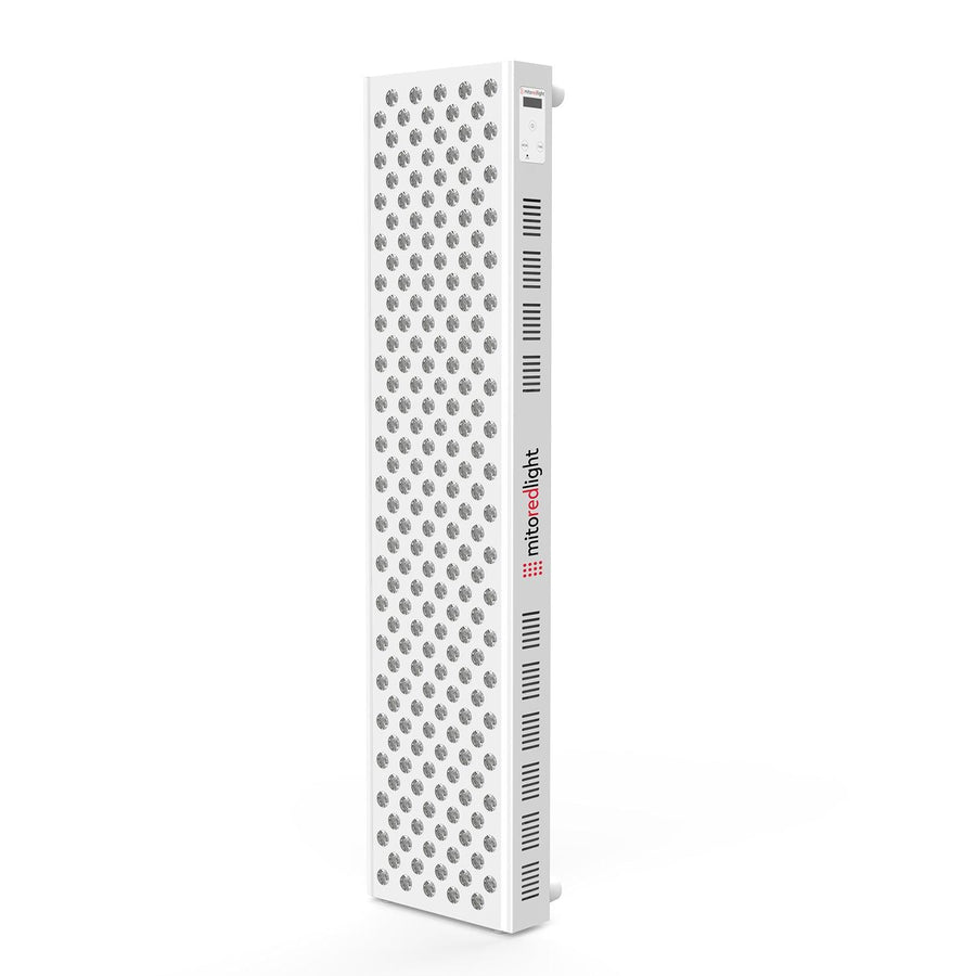 The Mito Red Light MitoMAX 2.0 is a tall, rectangular full-body red light therapy panel featuring numerous circular LEDs, the brand name near the center, and a small control panel at the top corner.