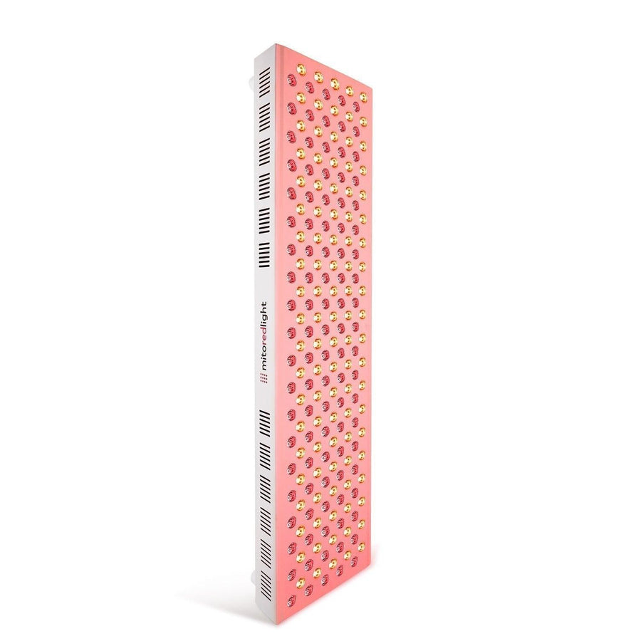 A tall, rectangular MitoMAX 2.0 | Red Light Therapy Panel by Mito Red Light features a pink front with multiple rows of round LED lights and white ventilated sides, with the brand name visible on the side.