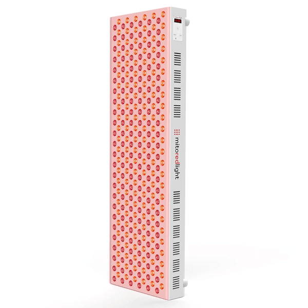 The MitoMEGA 2.0 Red Light Therapy Panel by Mito Red Light is a tall, rectangular device with rows of high-irradiance red and near infrared LEDs; its side features the brand name and vent openings.