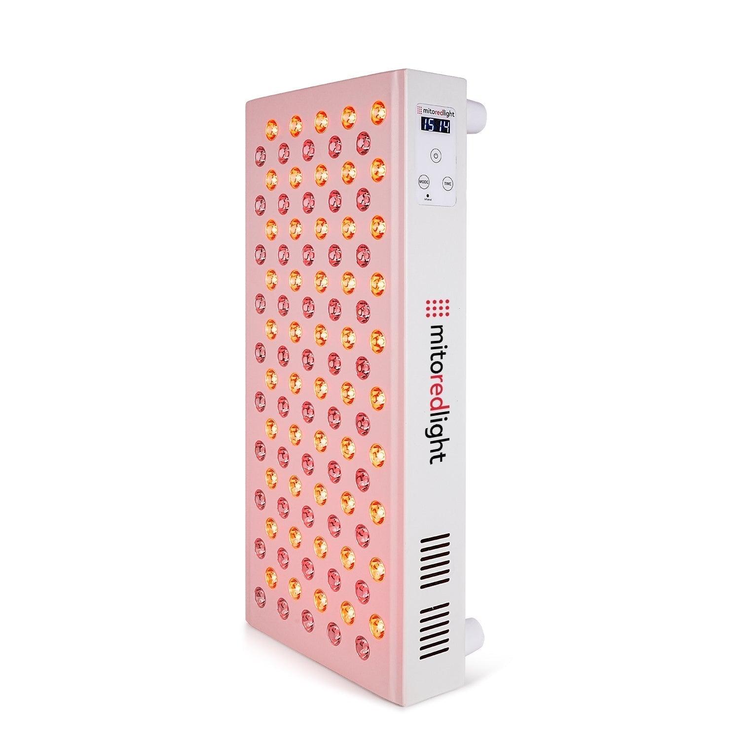 The MitoMID 2.0 | Red Light Therapy Panel by Mito Red Light is a rectangular device with a high-powered LED panel featuring red and near-infrared lights, digital display, session timer, control buttons, ventilation slits, and brand logo in white/pink.
