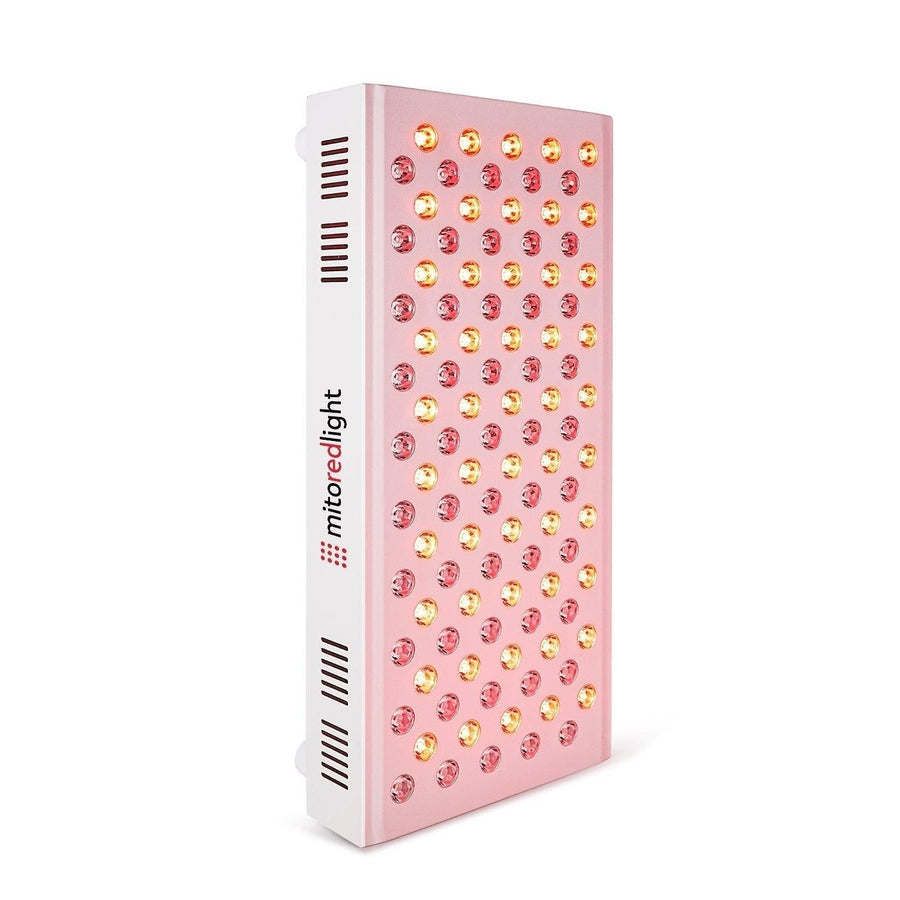 The Mito Red Light MitoMID 2.0 is a rectangular red light therapy panel with a white and pink design, high-powered LED bulbs on the front, ventilation slots for cooling, and "mitoredlight" labeled on the side.