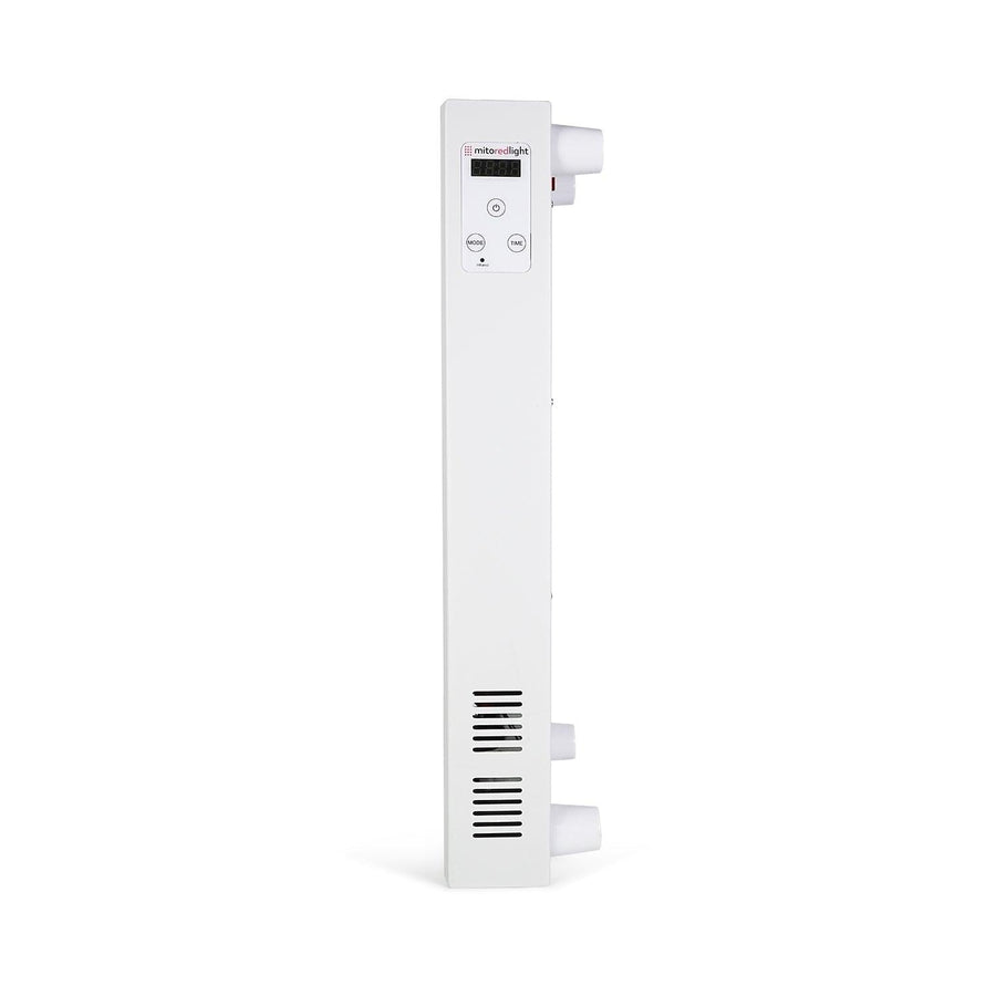 The Mito Red Light MitoMID 2.0, a white rectangular wall-mounted red light therapy panel with a digital display, buttons, pipe connectors, and a high-powered LED panel, is shown against a plain white background.