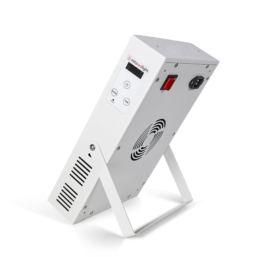The MitoMIN 2.0 | Red Light Therapy Panel, a white rectangular device with control panel, digital display, vents, buttons, and a fan, is shown on an angled stand against a plain white background.