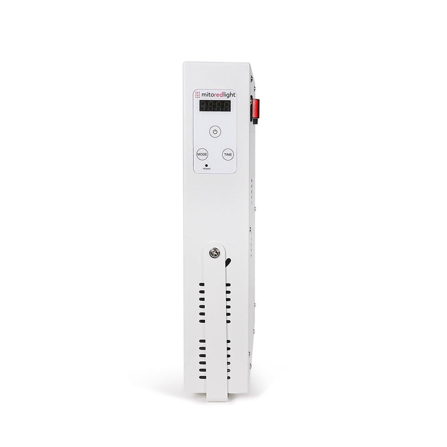 The Mito Red Light MitoMIN 2.0, a white rectangular red light therapy panel, stands upright with a digital display, buttons, and front ventilation slats, shown against a plain white background.