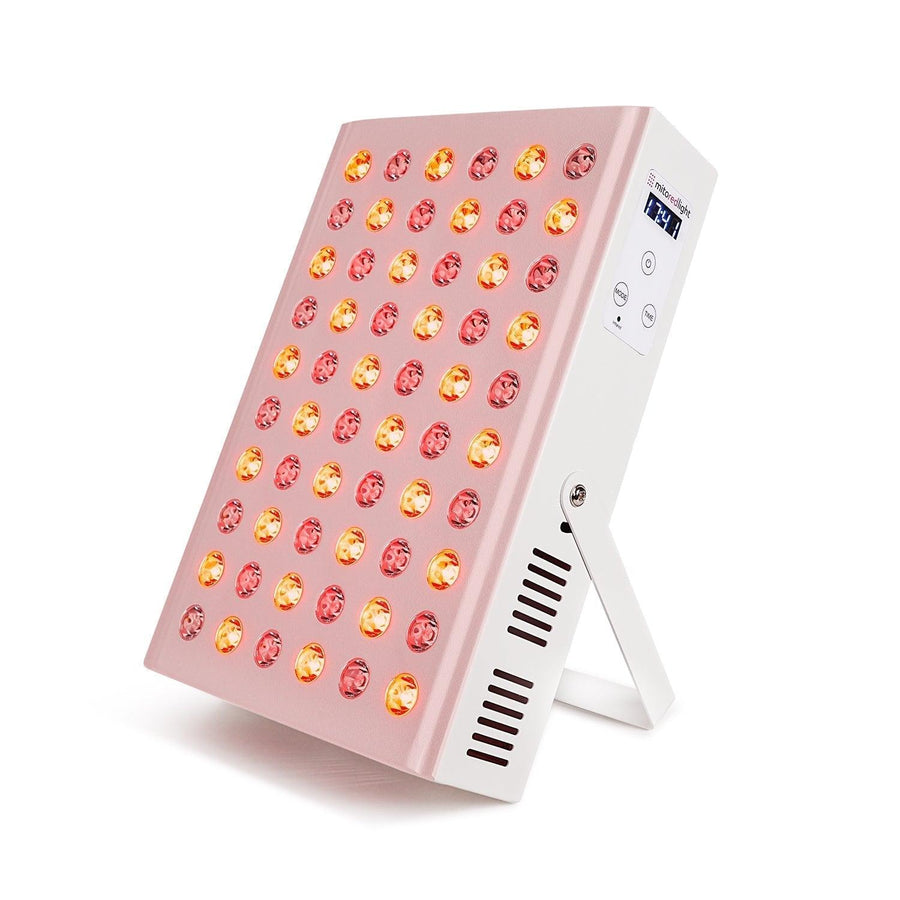 The MitoMIN 2.0 by Mito Red Light is a rectangular red light therapy panel with a white stand, multiple LED lights, control buttons, digital display, and a sleek modern design.